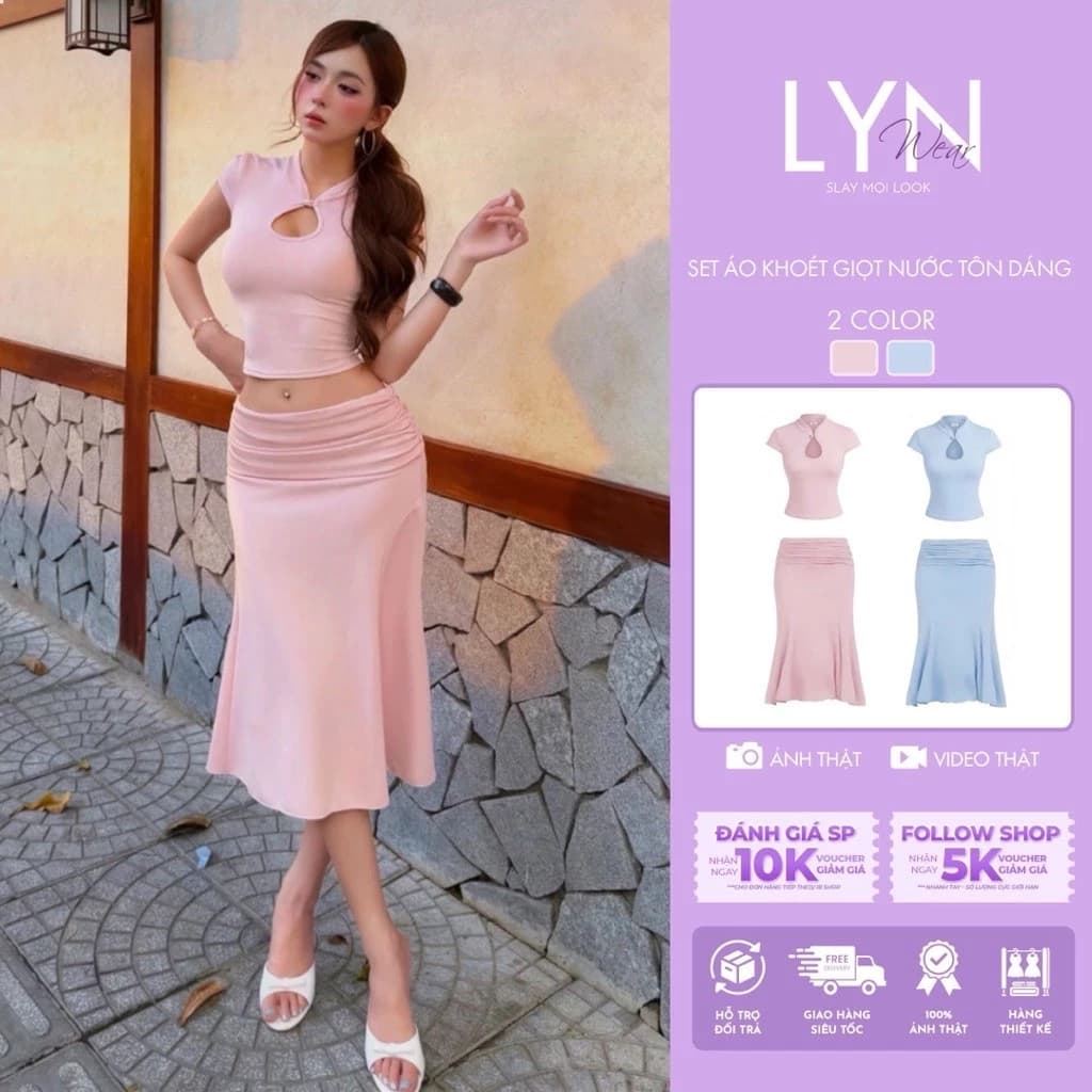 | LYN.WEAR | Set Áo Cổ Tàu Khoét Giọt Nước Kèm Chân Váy Midi Nhún Hồng Pastel Xanh Baby