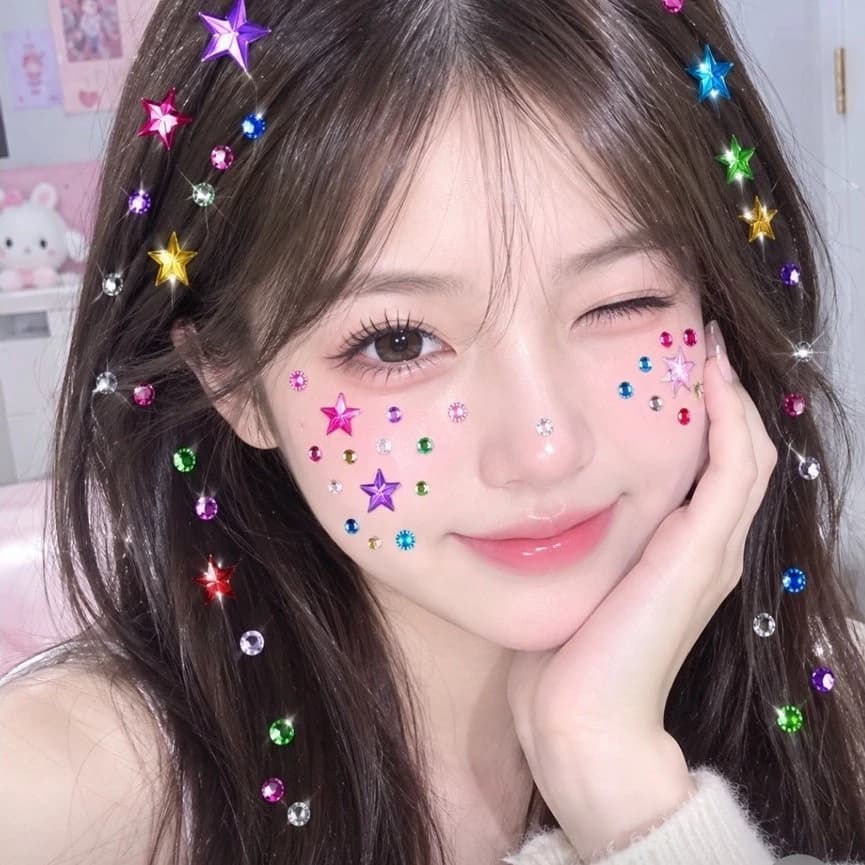 Sticker Đá Pha Lê Dán Mặt Kim Cương Lấp Lánh, Nhãn Dán Makeup Tự Dính