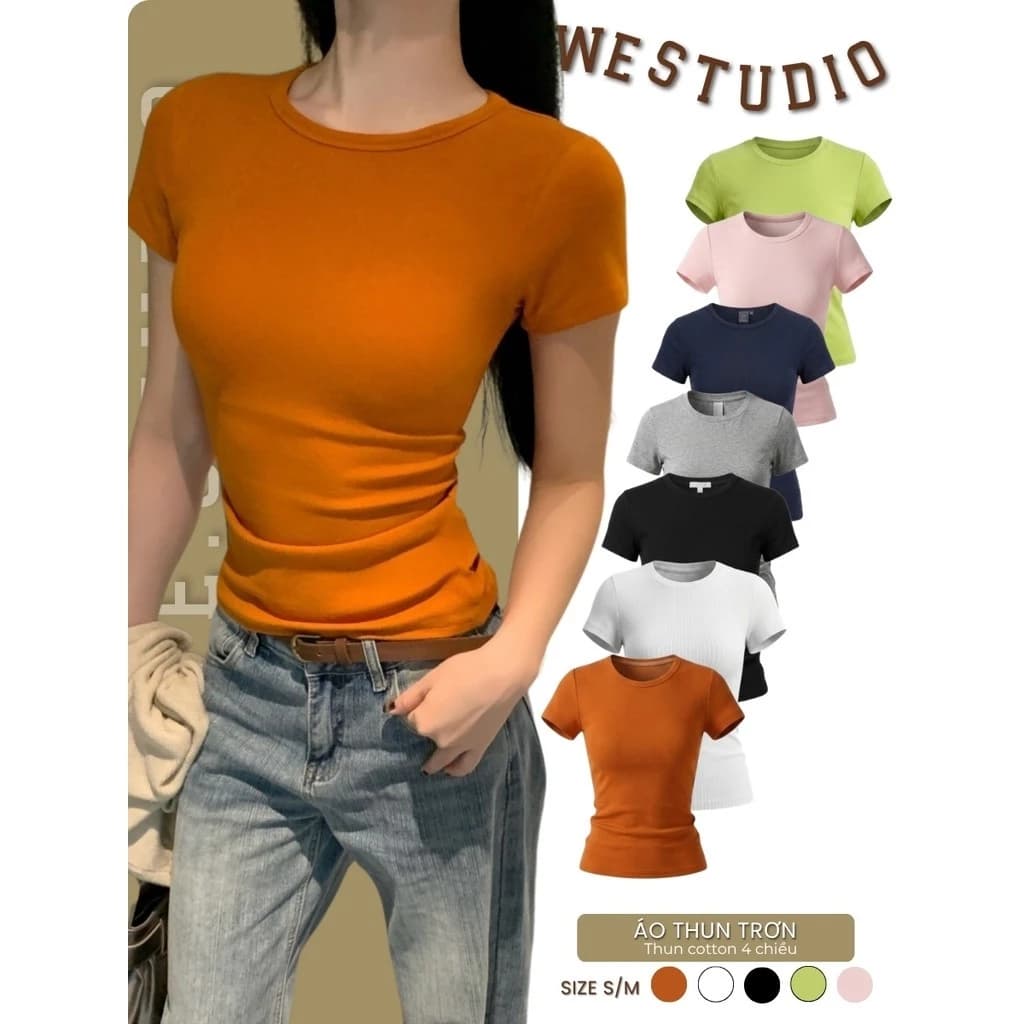 WGWE Studio Áo Thun Babytee Nữ Tay Ngắn, Áo Thun Trơn Ôm Body Lót Đệm Ngực Basic Hàn Quốc 8558