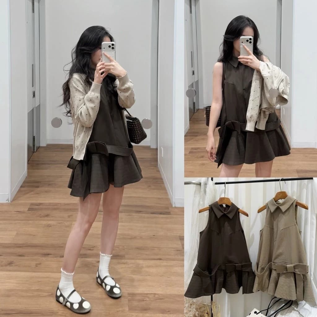 [Steezy] Đầm kaki dày cổ bẻ nhún ly sóng dây nơ bản to form xòe rộng, đầm xoè thu đông cho nữ phong cách Hàn Quốc D0626