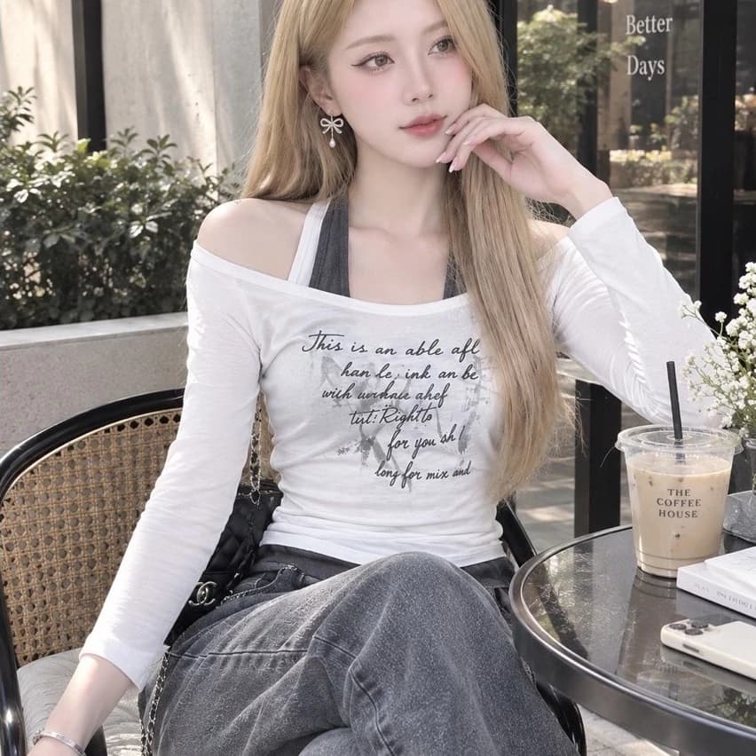 ✨ Áo Khoác Len Mỏng Trễ Vai In Chữ Kiểu Layer 2 Trong 1 - Phong Cách Hàn Quốc ✨