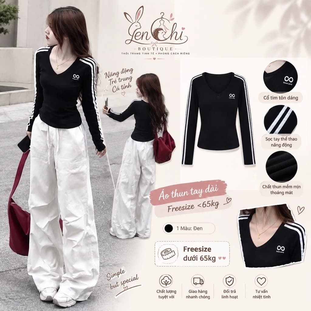 Áo thun dài tay cổ V 3 sọc thể thao, Áo ôm body nữ form croptop tôn dáng chất cotton co giãn phong cách Ulzzang
