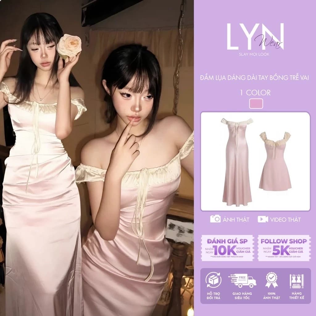 Đầm tiểu thư chất Lụa trễ vai bồng bo chun thắt nơ chiết eo - S, Dáng dài - S, dángdài