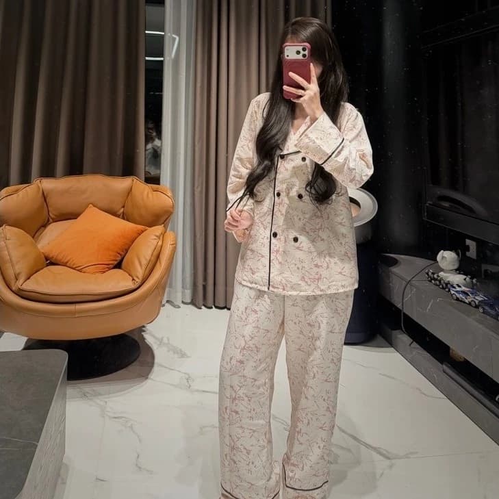 Bộ đồ ngủ pijama dài tay HOẠ TIẾT GẨY SƠN 6khuy BYCHUN