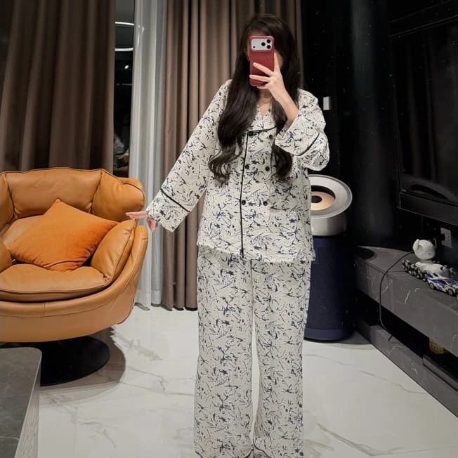 Bộ đồ ngủ pijama dài tay HOẠ TIẾT GẨY SƠN 6khuy CHUNCHUN