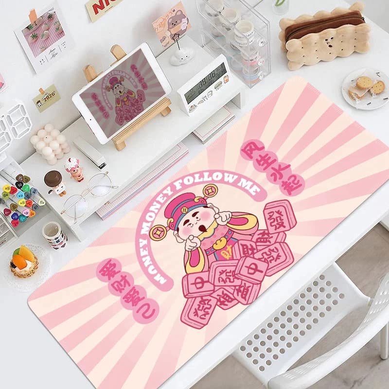 Lót Chuột 90x40 80x30 Thần Tài Màu Hồng Cute, Pad Chuột Phong Thủy May Mắn Bo Viền Chắc Chắn