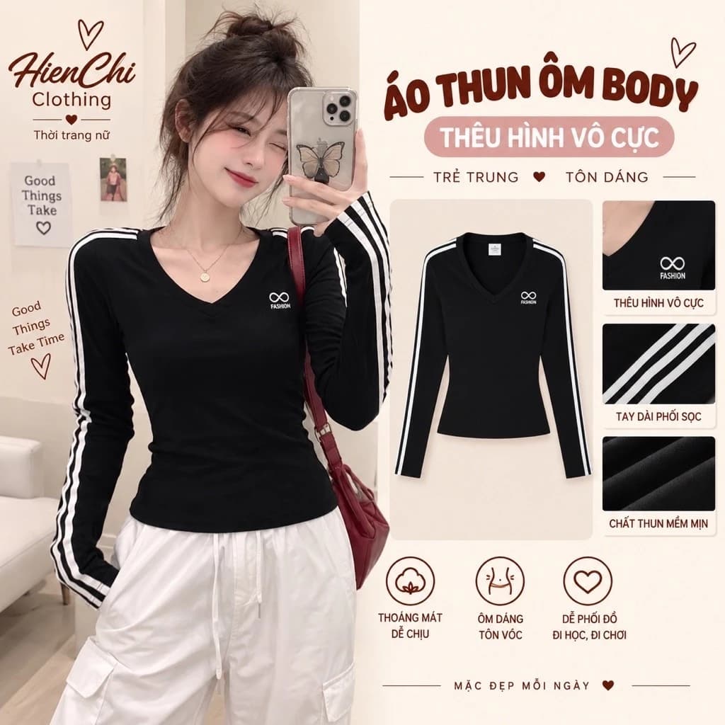 Áo Thun Dài Tay Cổ V Phối Ragllang . Áo Ôm Body Nữ From Crotop Tôn Dáng Chất Cotton Co Giãn Phong Cách Hàn Qu