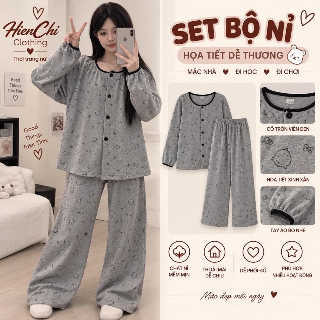 Set Bộ Nỉ Nữ Họa Tiết Hello Kitty Nơ Màu Xám Dài Tay Form Rộng Dễ Thương
