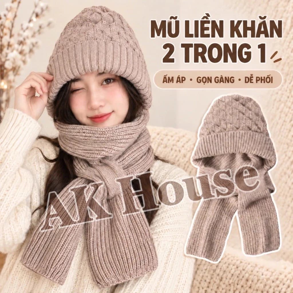 Mũ Len Liền Khăn nam nữ 2 Trong 1 Dệt Gân Mềm Mịn, Khăn Choàng Cổ Giữ Ấm Mùa Đông AK House