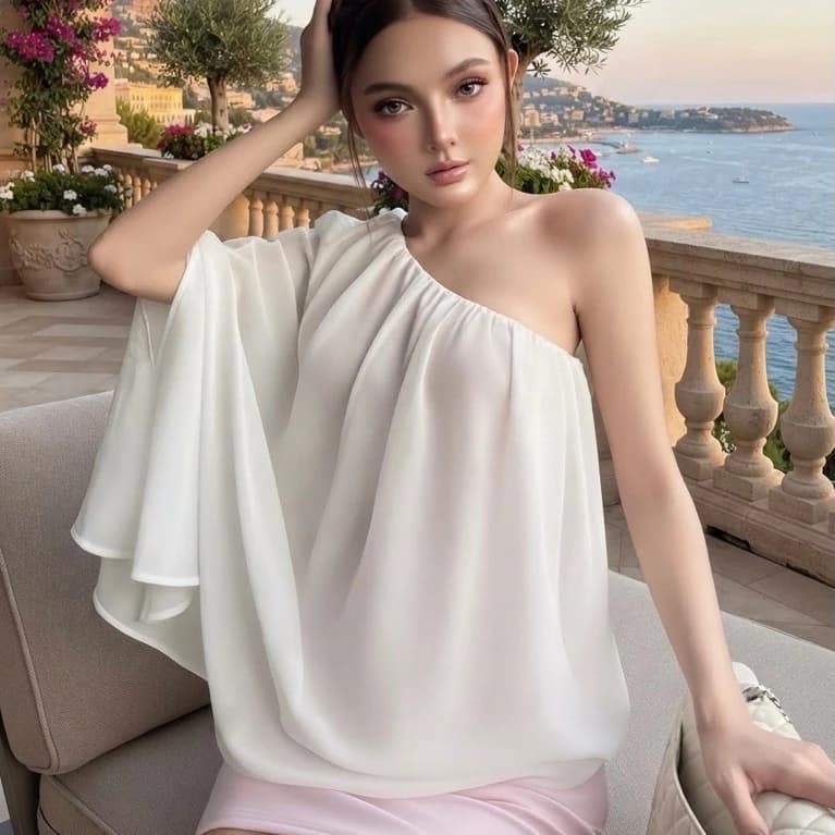 Đầm Trễ Vai Phối Choàng Chifon Pink White Color Siêu Tôn dáng