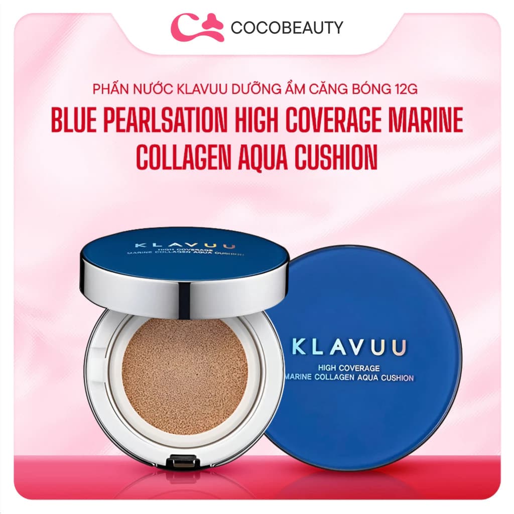 Phấn Nước Dưỡng Ẩm Căng Bóng Klavuu Blue Pearlsation High Coverage Marine Collagen Aqua Cushion 12g