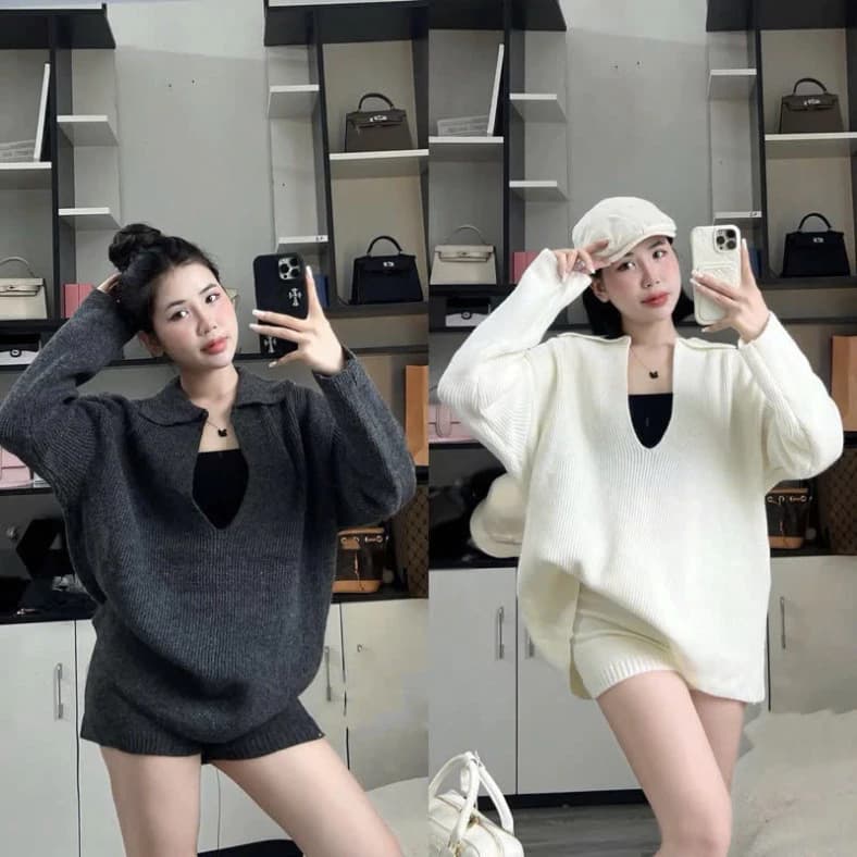 𝓝𝓪_𝓕𝓪𝓼𝓱𝓲𝓸𝓷𝓷 Set Len Nữ 3 Món, Áo Len Dài Tay Cổ Khoét V  Kèm Quần Short Len Co Giãn, Chất Len Chuẩn QC Kèm Áo quây 2026