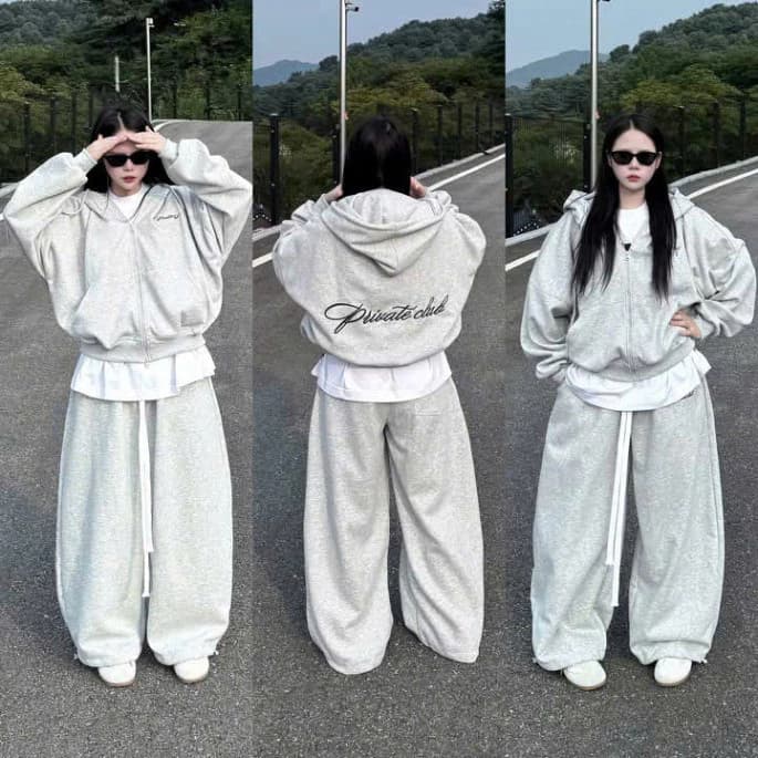 Set bộ nỉ unisex hoodie zip dáng rộng quần ống suông thời trang đường phố