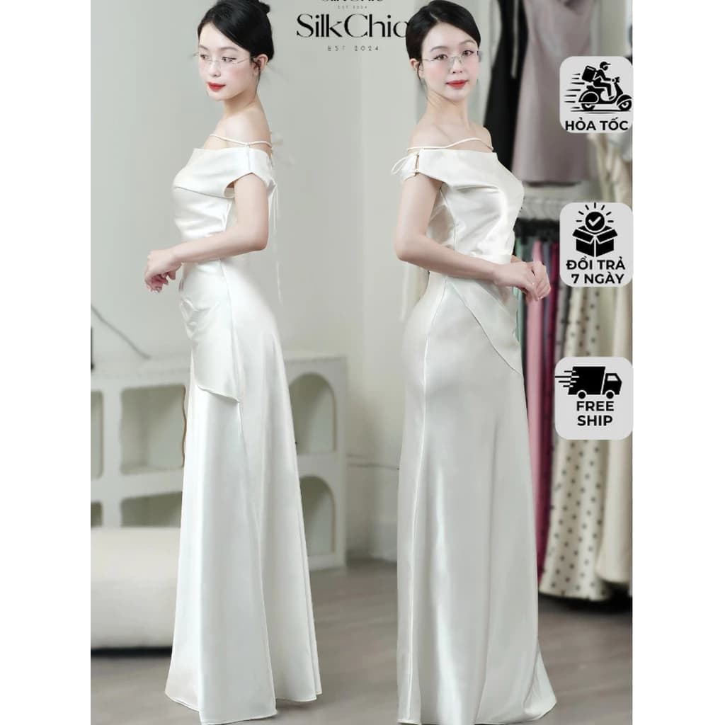 Đầm Lụa Dự Tiệc Lệch Vai Nữ NV777 Dáng Ôm Dài Khoe Đường Eo Cong Sang Chảnh