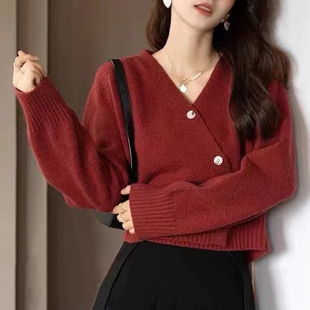 Áo khoác len cardigan cổ V chéo cúc, áo len dệt kim phong cách Hàn Quốc AL01