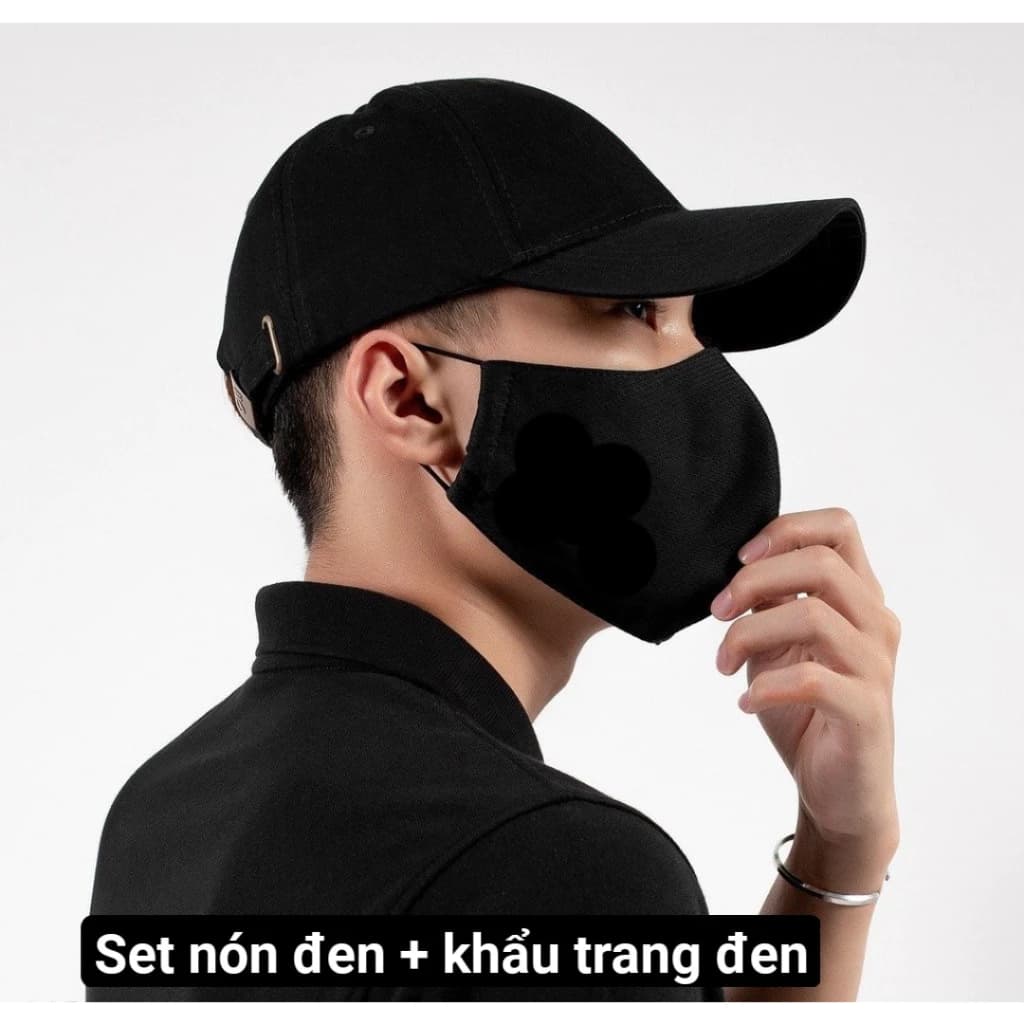 Set mũ lưỡi trai đen trơn và khẩu trang vải polo đen trơn cá tính