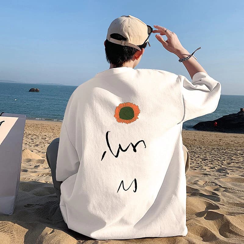 Áo thun nam tay lỡ HappyFamily form rộng trẻ trung in hình hoa hướng dương chất cotton 100 cao cấp