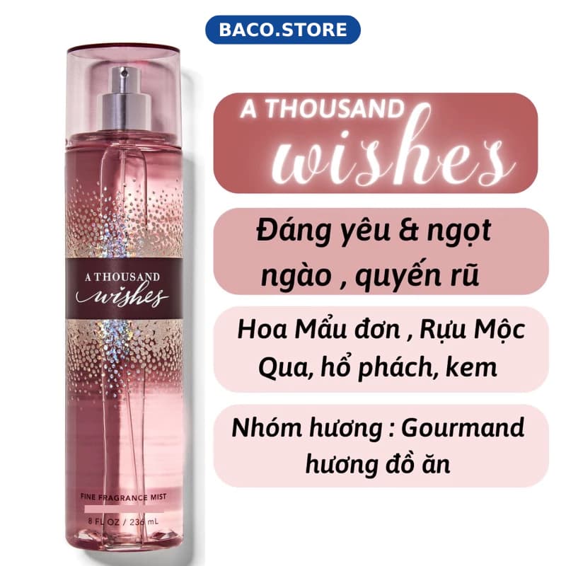 body mist A thousand wishes 236ml Xịt Thơm toàn thân Hương Thơm ngọt ngào, Cá Tính