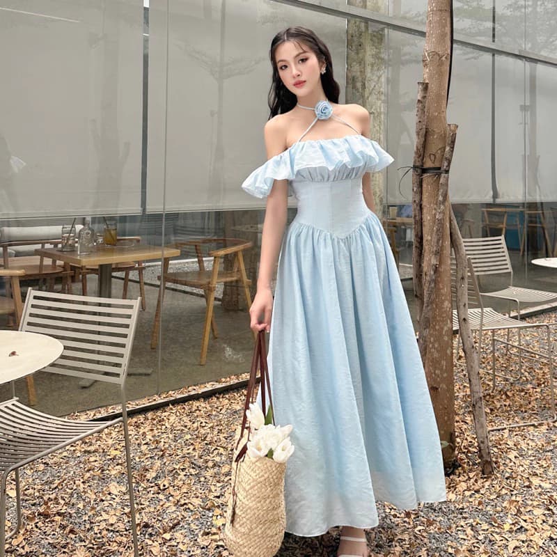 [FLORUS] - Đầm Maxi Nữ Tiểu Thư Chất tơ, trễ vai hoa cổ chiết eo Tulle Dress