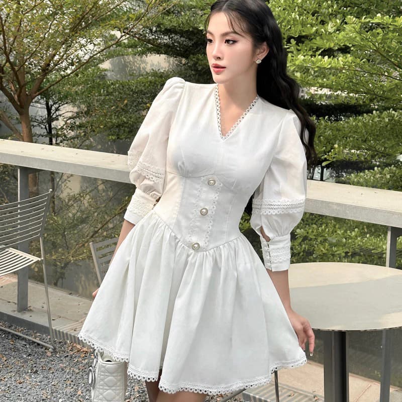 [FLORUS] Đầm tay phồng ôm xòe phối ren đính nút Dreamy dress