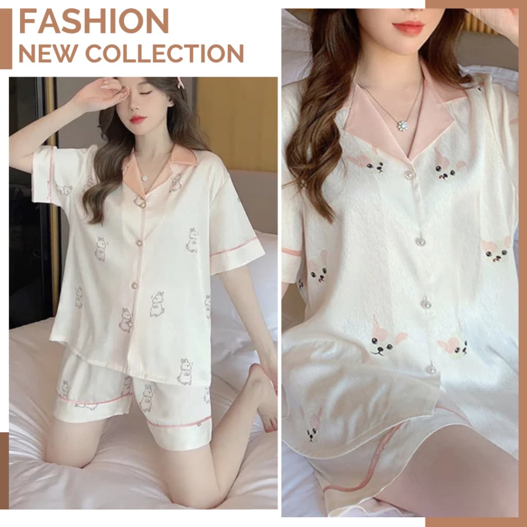 Bộ pyjama cộc tay họa tiết dễ thương, Bộ đồ ngủ nữ lụa xước cao cấp N27