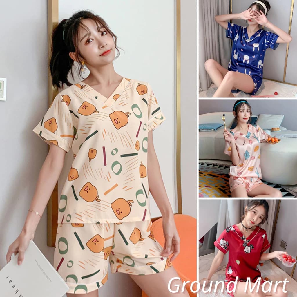 Bộ đồ ngủ nữ, bộ lụa cộc tay cổ V mặc nhà mềm mát, nhiều màu, họa tiết dễ thương size từ 45 - 75 kg