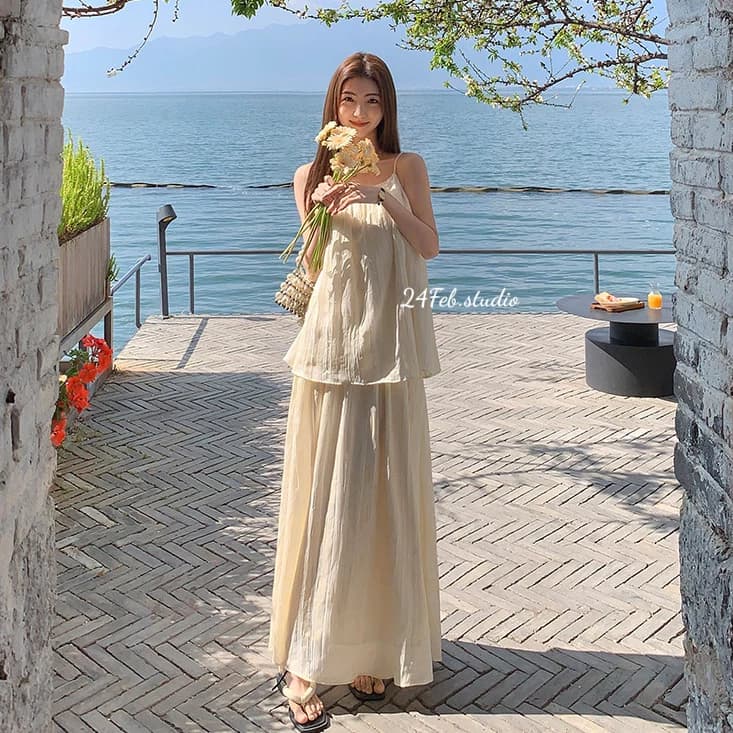 Set áo hai dây nữ tơ nhăn kèm chân váy dài phong cách vintage Hàn Quốc 24FebStudio SET15