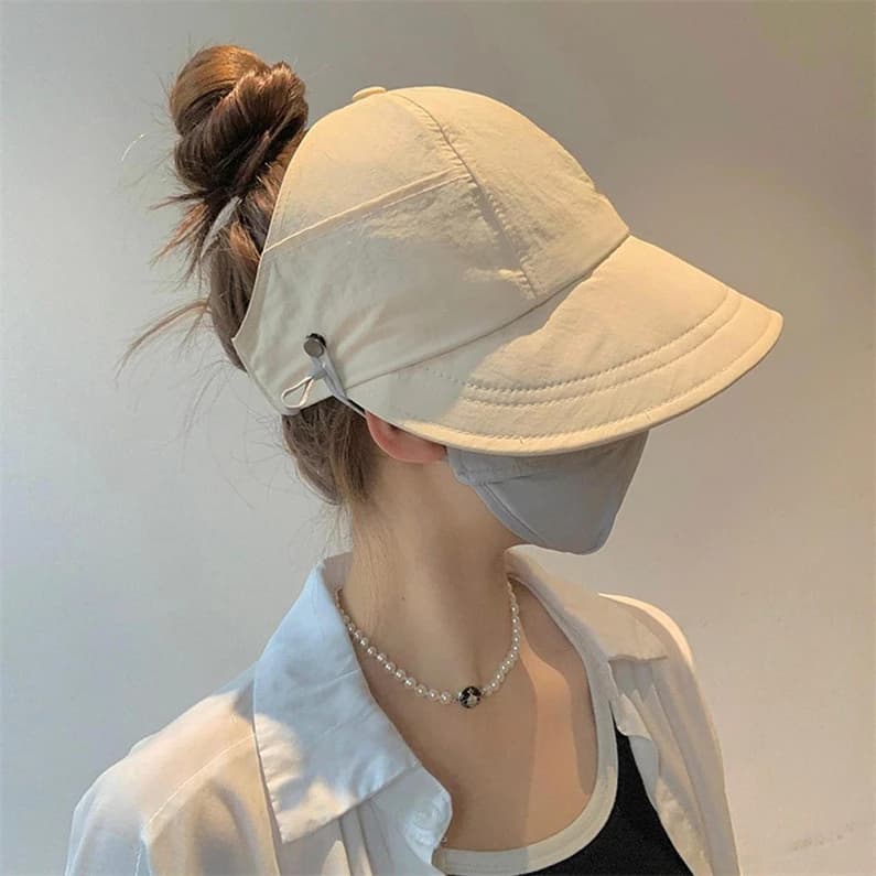 Mũ chống nắng nửa đầu, Nón vành rộng có móc đeo khẩu trang, chất liệu vải Acrylic khô nhanh thoáng mát cho ngày Hè 2023