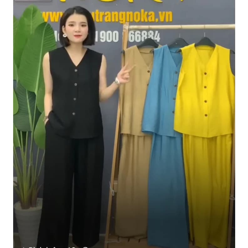 Bộ sát nách, Đồ Bộ Nữ, áo cổ tim đính khuy quần ống suông, Đồ Mặc Nhà Nữ,Mặc Đi Chơi, Chất Liệu Đũi, Thoáng Mát
