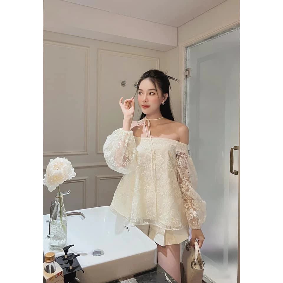 Set Áo Kiểu Tay Phồng Chất Ren Hoa Màu Be
