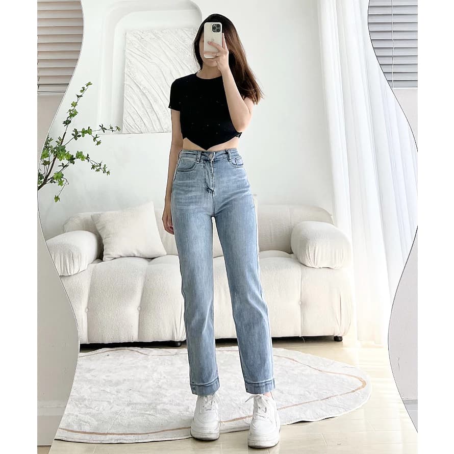 Quần Jean Ống Đứng GẤP LAI Co Dãn - Quần Bò Nữ Nấm Lùn Form Đứng Co Dãn Cạp Cao Xanh Đậm Nhạt Đen Xám Leda JD01