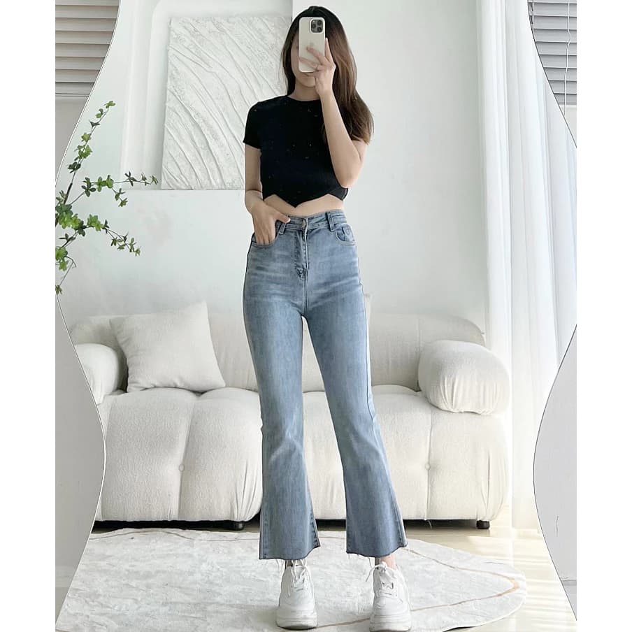 Quần Jean Ống Loe 9 Tấc (dài 88cm) Co Dãn Lưng Cao Leda Quần Bò Nấm Lùn 1m5 Quần Rin 9 Tấc JL01