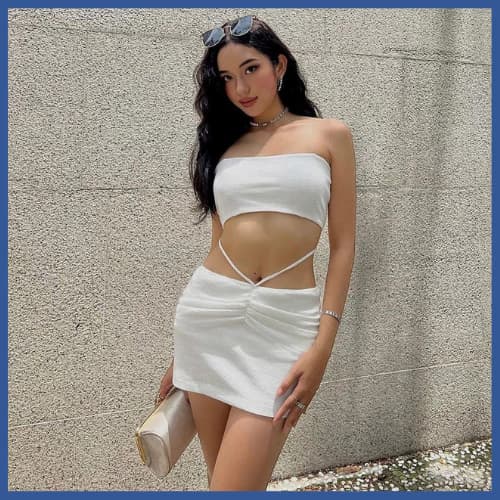 Set Đầm Body Áo Croptop Quây MIMILA Phối Dây Buộc Cá Tính Chất Thun Gân Phong Cách Hàn Quốc - MBD098