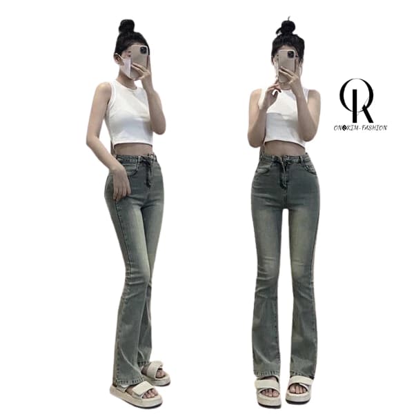 Quần jeans ống loe ONKIM màu bạc co giãn lưng cao