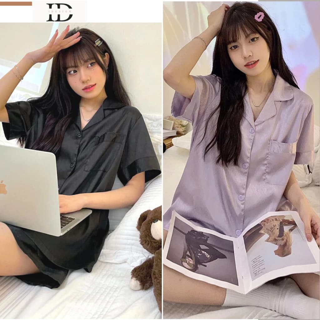Bộ pijama nữ cao cấp, bộ đồ ngủ cộc tay, lụa vân xước trơn màu mềm mại N28