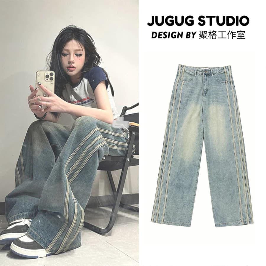 Quần jean nữ dáng dài phối 3 sọc màu bụi cao cấp JGS11
