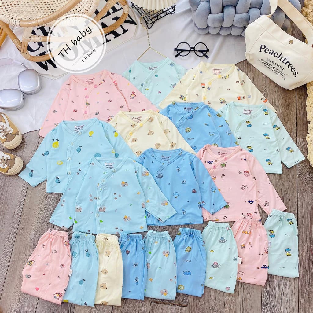 (MS75)Bộ dài tay sơ sinh khuy lệch màu thun lạnh cho bé