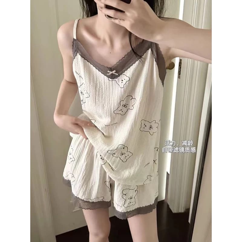 2023 bộ đồ ngủ ngọt ngào mùa hè của phụ nữ treo hai mảnh bộ đồ ngủ mới của Nhật Bản phong cách ngọt ngào và đơn giản