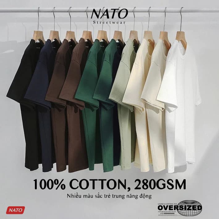 Áo Phông Rộng Tay Lỡ Nato Tee Màu Trơn Cổ Tròn Oversize Nam Nữ Vải Thun Cotton Cao Cấp 280Gsm