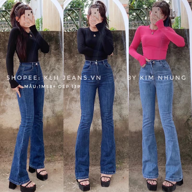 ❣️SIÊU PHẨM❣️ Quần jeans ống loe co giãn dài 106-107cm lưng cao(m58-m76) KLii jeans