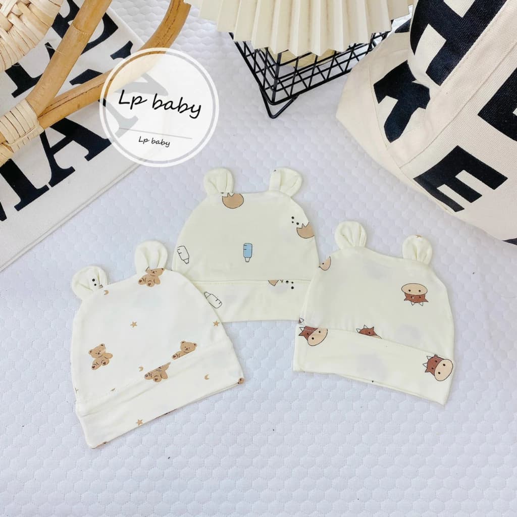 [Top Value] Combo 5 Mũ Sơ Sinh Có Tai Gấu Chất Thun Lạnh Petit Cho Bé Trai, Bé Gái Từ 0-3 Tháng
