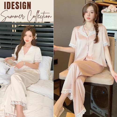 Bộ lụa cộc tay, cộc tay quần dài nữ, pyjama trơn màu, họa tiết hình thú bộ đồ ngủ dễ thương mùa hè (BN024)