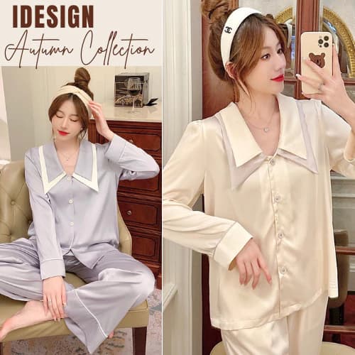 Bộ ngủ lụa áo dài tay quần dài, Bộ ngủ pizama cao cấp, chất lụa mềm mại thoải mái BN04