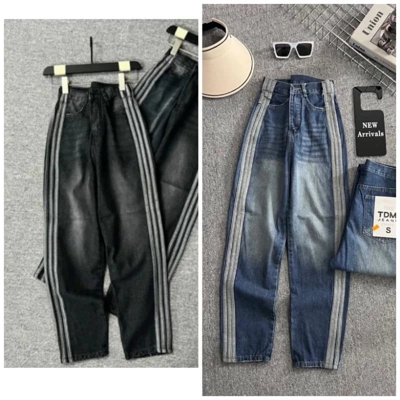 Quần jean baggy phối viền 3 sọc,Quần bò nữ chạy sọc thể thao