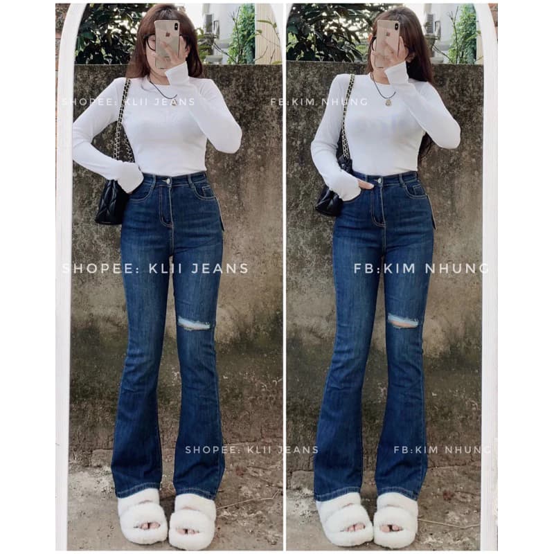 ❤️Quần jeans loe rách gối 100cm( m55-m65) KLii jeans sẵn