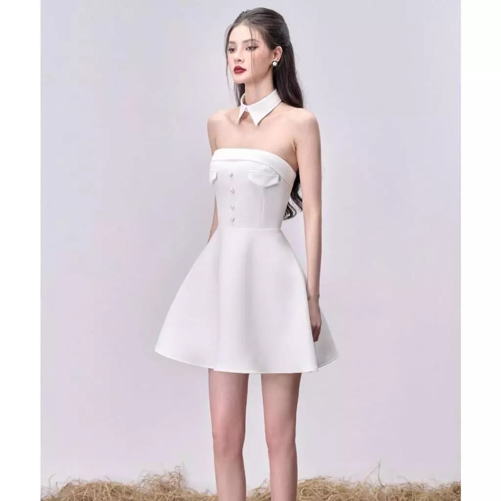 ĐẦM CÚP XOÈ PHỐI CỔ CHOKER RỜI, ĐẦM NỮ DỰ TIỆC THANH LỊCH MEOINDAHOUSE