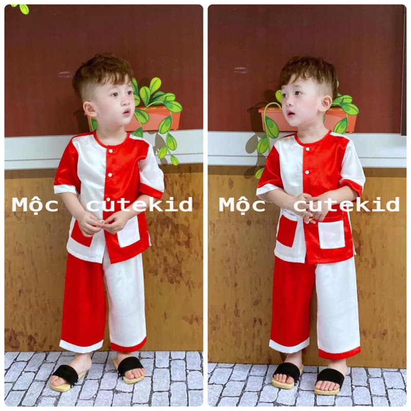 (7-35kg) bộ bà ba trẻ em đỏ trắng (KHĂN MUA RIÊNG) bộ quần áo cho bé mặc đi chơi Trung Thu, Lễ Tết