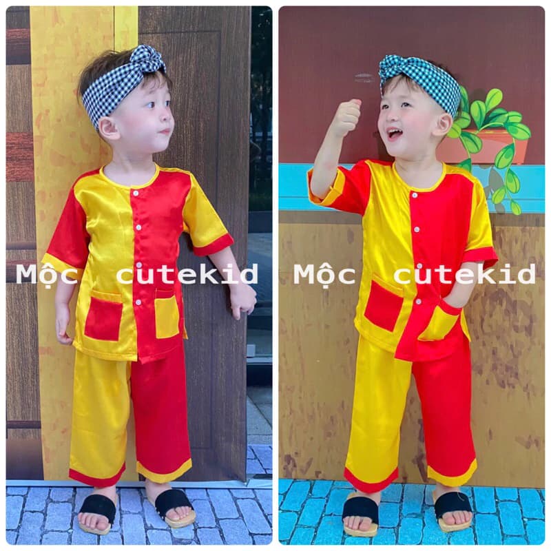 (7-35kg) bộ bà ba trẻ em “đỏ vàng” - KHÔNG KÈM KHĂN - bộ quần áo cho bé đi chơi lễ hội, Trung Thu