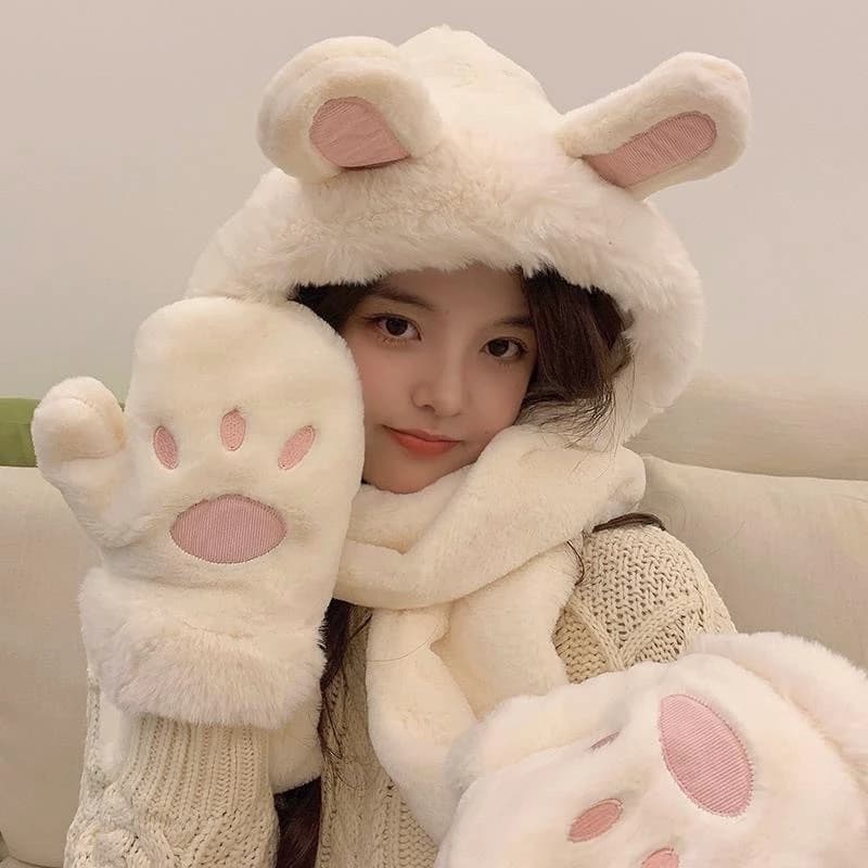 mũ tai thỏ dễ thương Mũ sưởi mùa đông len lông mịn cao cấp kèm khăn quàng cổ bao tay 3 trong 1(khăn ,mũ,gang tay)