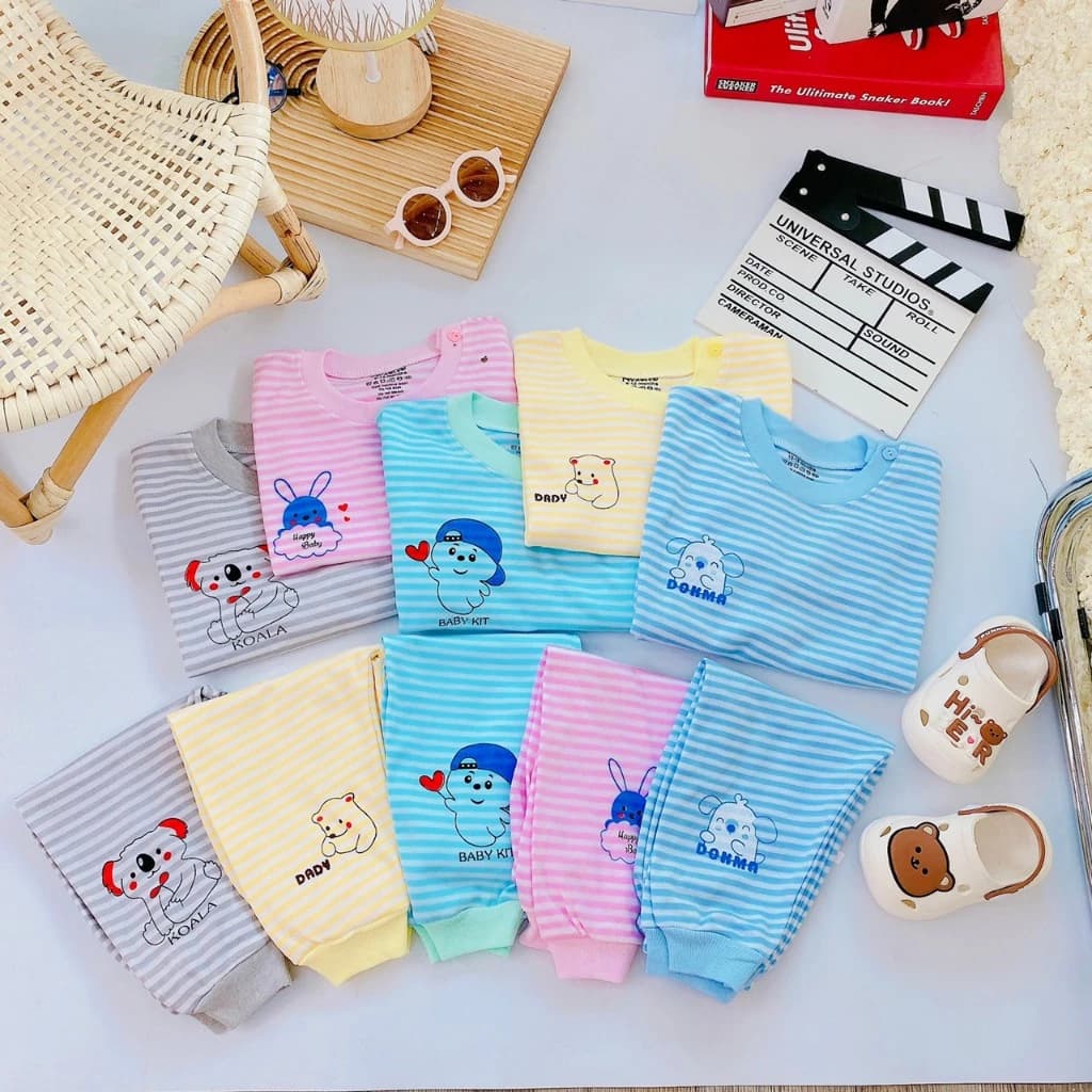 Com bo 3 Bộ dài tay bé trai,bộ dài tay bé gái chất liệu cotton nỉ kẻ nhỏ 7-13kg